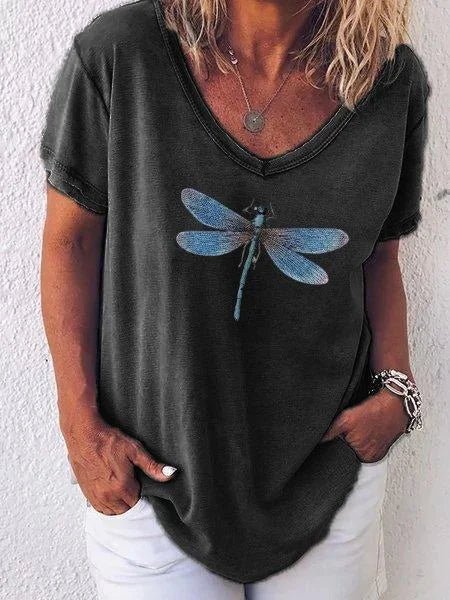 Luna | Women's Casual V-Neck Tee with Dragonfly Print and Short Sleeves