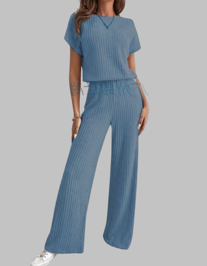 Nora | Women's Ribbed Two-Piece Set: Short Sleeve Top & Wide Leg Pants