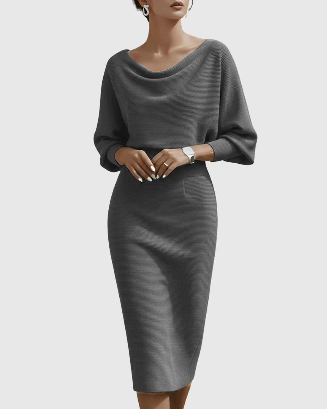 Vivienne | Women's Ribbed Midi Dress with Cowl Neck and Batwing Sleeves