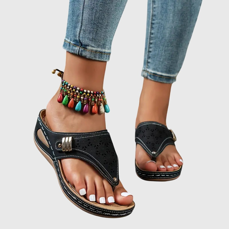 Cleo | Women's Laser Cut Detail Wedge Sandals with Toe Loop