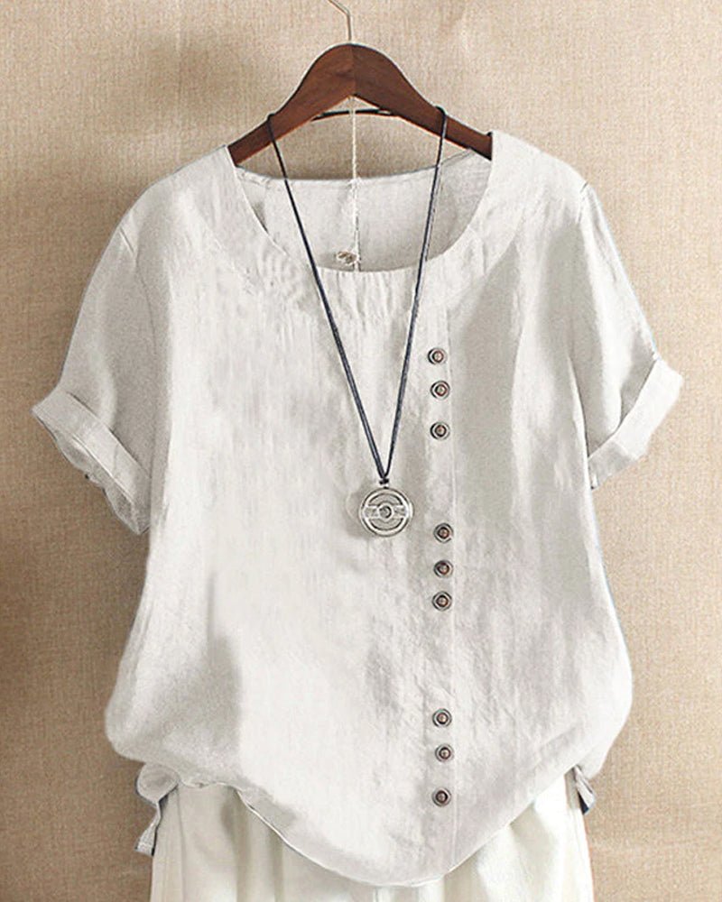 Linen Women's Casual Short Sleeve Top with Button Front and Crew Neck