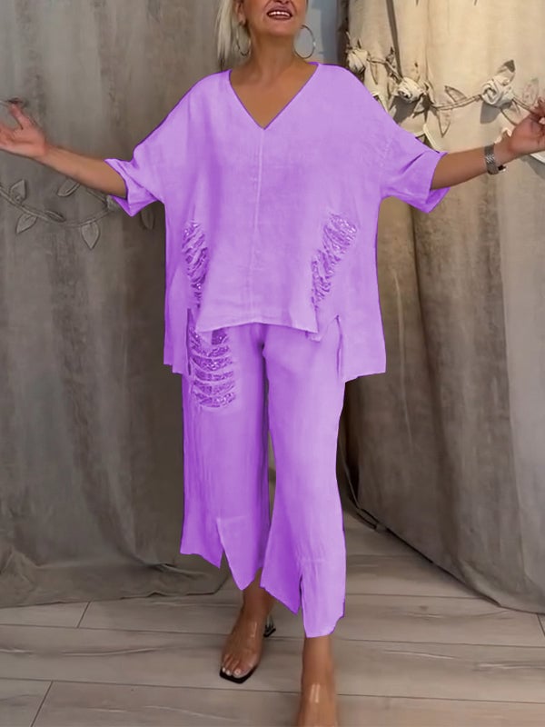 Pearl | Women's Casual V-Neck Top & Cropped Pants 2-Piece Set
