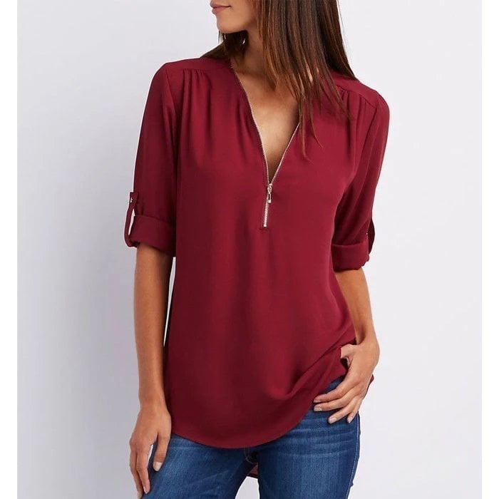 Rosé | Women's Casual Half Sleeve V-Neck Zip-Up Blouse