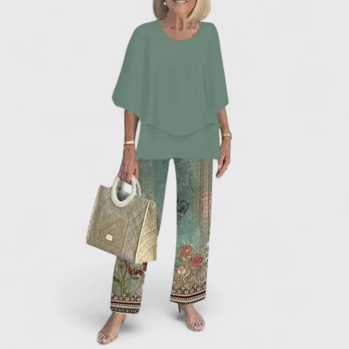 Fern | Women's Floral Print Casual Top & Wide-Leg Pants Ensemble