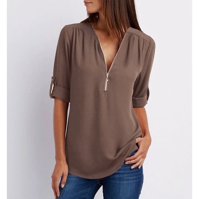 Rosé | Women's Casual Half Sleeve V-Neck Zip-Up Blouse