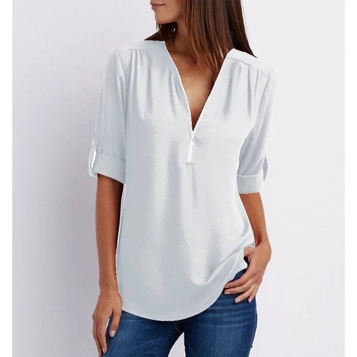 Rosé | Women's Casual Zip-Up V-Neck Blouse with Half Sleeves