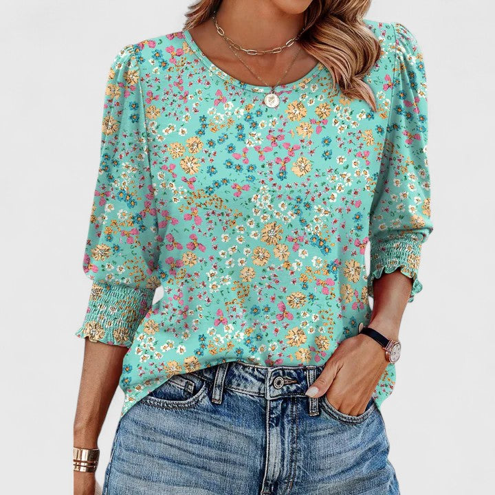 Harper | Women's 3/4 Sleeve Crew Neck Top with Smocked Cuffs