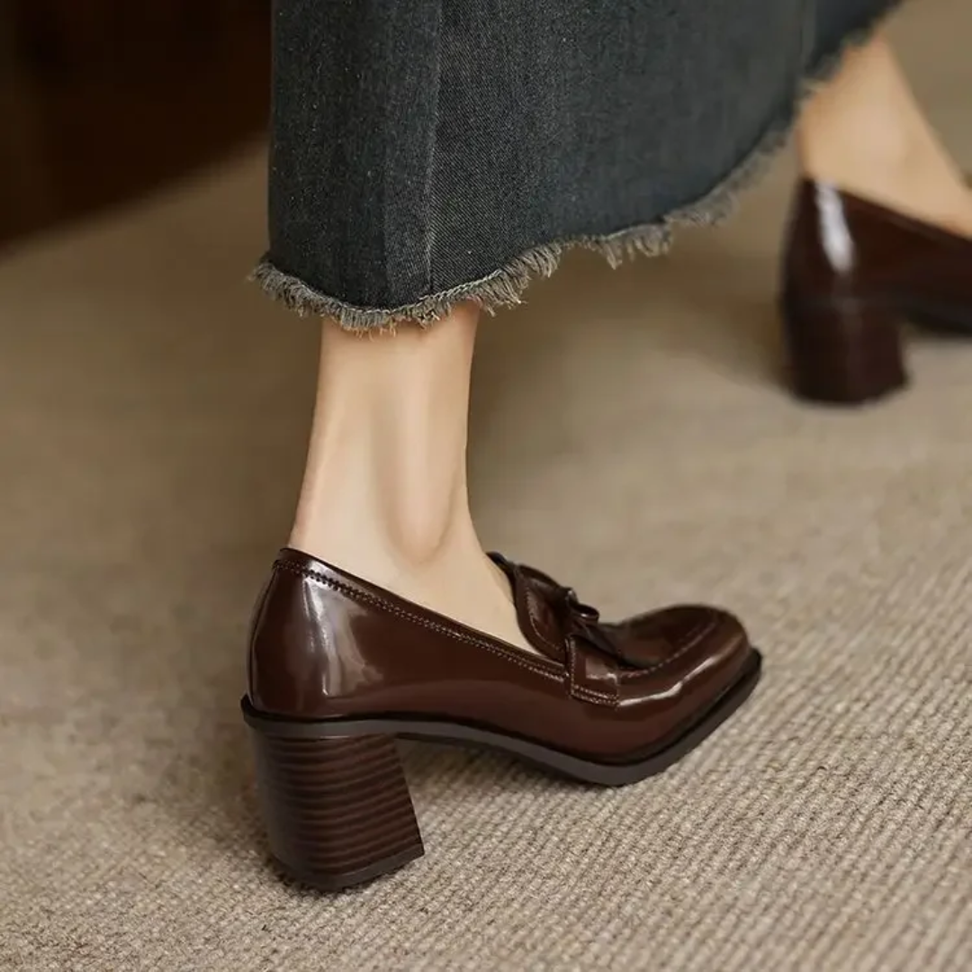 Vivienne | Women's Block Heel Tassel Loafer Pumps with Round Toe
