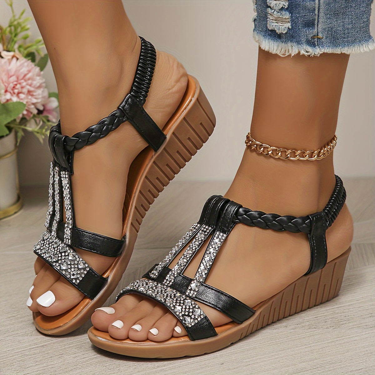 Darby | Women's Woven Sandals with Rhinestone Accents
