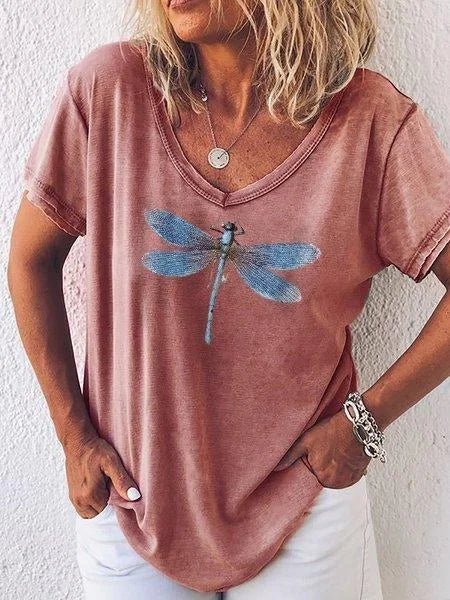 Luna | Women's Casual V-Neck Tee with Dragonfly Print and Short Sleeves