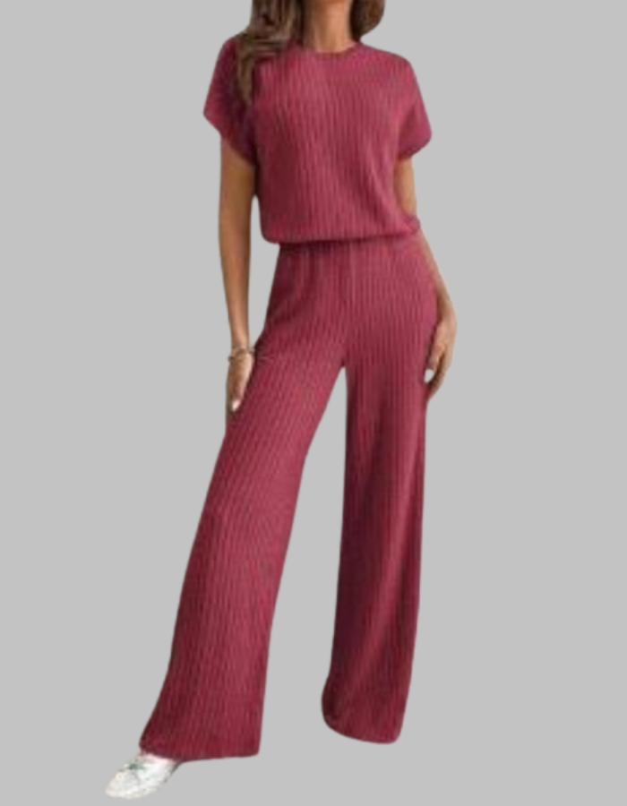 Nora | Women's Ribbed Two-Piece Set: Short Sleeve Top & Wide Leg Pants