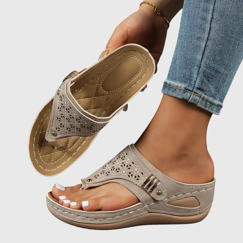 Cleo | Women's Laser Cut Detail Wedge Sandals with Toe Loop