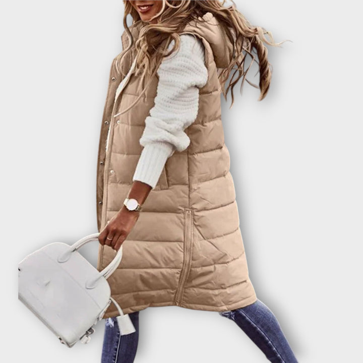 Women’s Long Sleeveless Quilted Vest with Hood