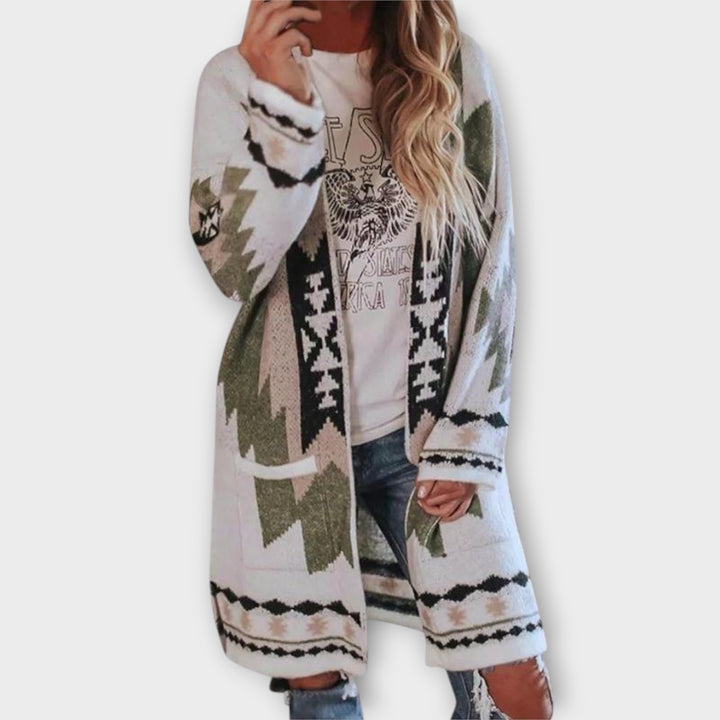 Women’s Bohemian Open-Front Long Cardigan with Geometric Pattern