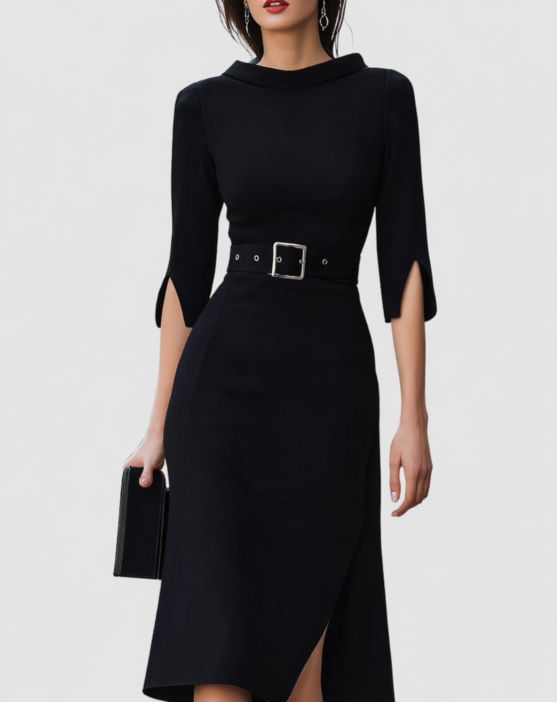 Naomi | Women's Midi Dress with Belted Mock Neck and Split Sleeves