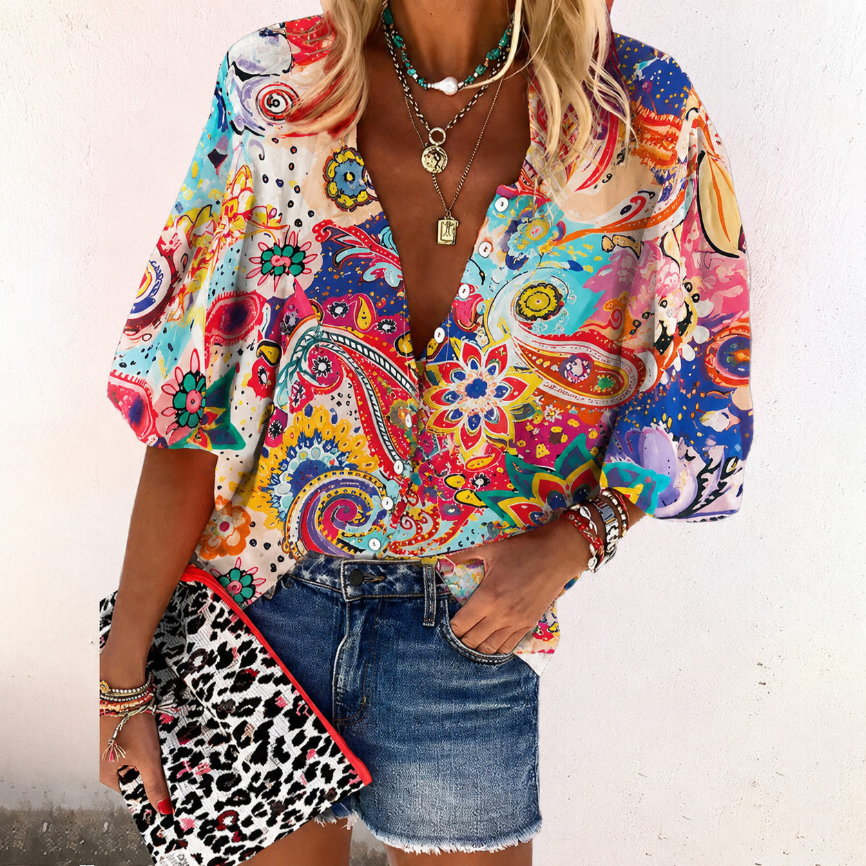 Zara | Women's V-Neck Long Sleeve Boho Print Blouse with Button Closure