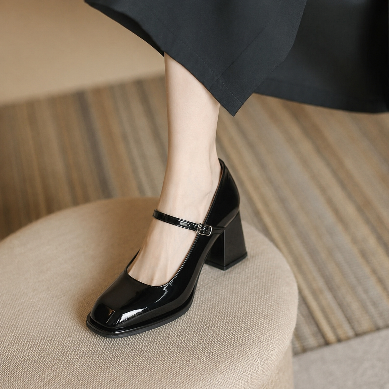 Celeste | Women's Square Toe Mary Jane Pumps with Ankle Strap and Block Heel
