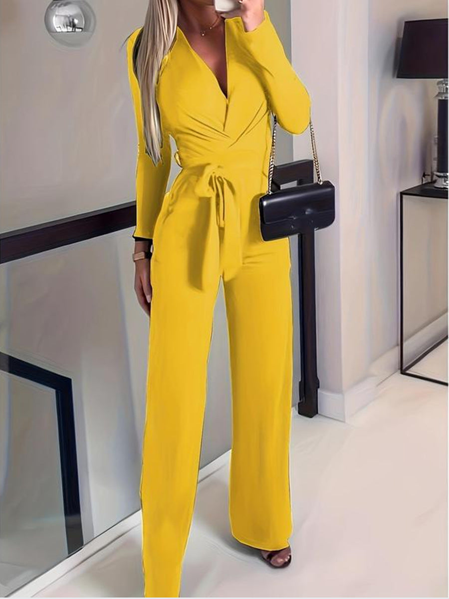 Vivienne | Women's V-Neck Wide Leg Jumpsuit with Tie Waist