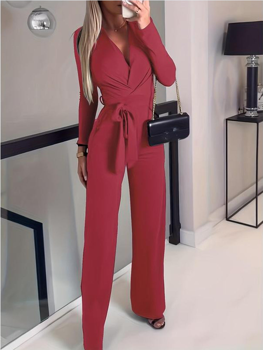 Vivienne | Women's V-Neck Wide Leg Jumpsuit with Tie Waist