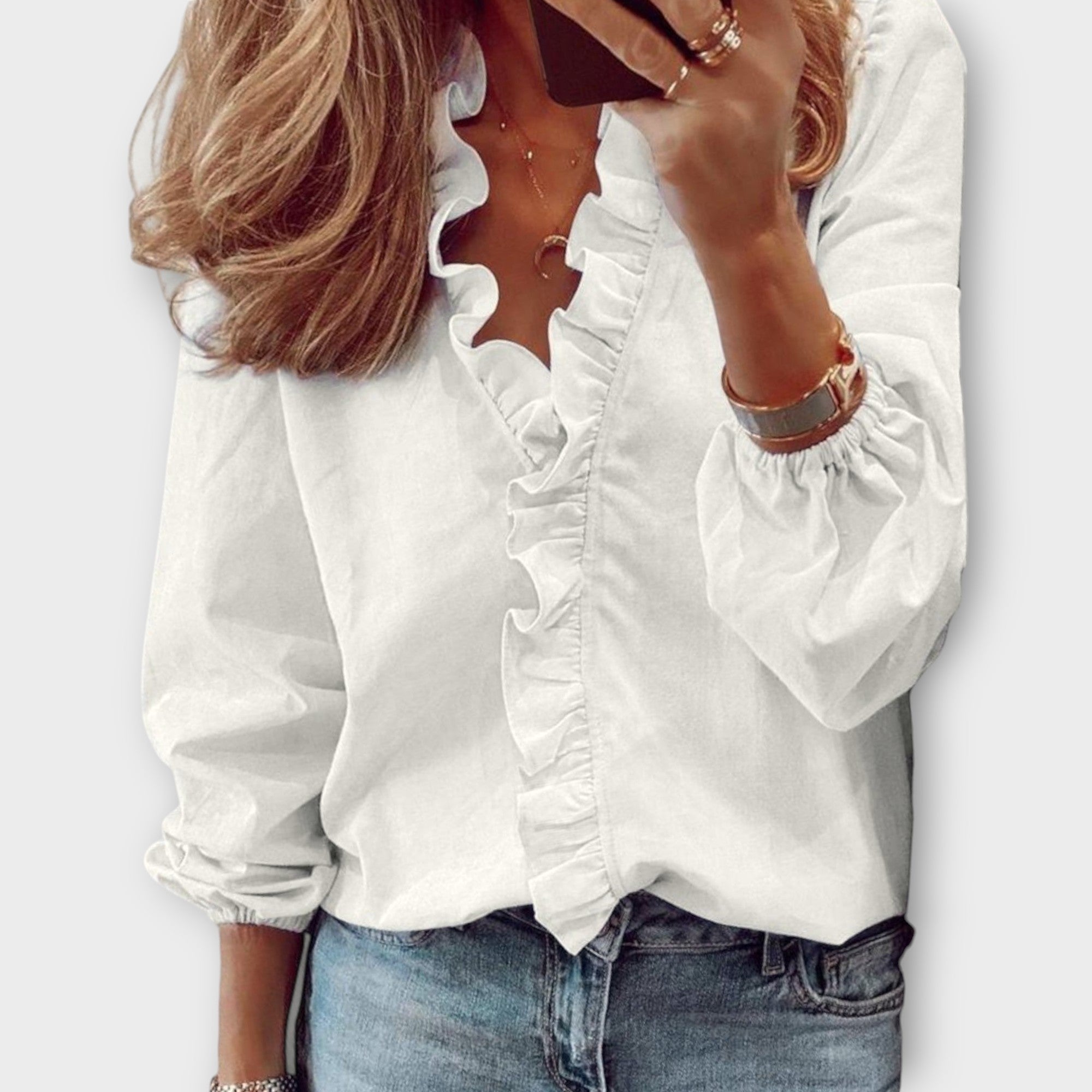 Celeste | Women's Long Sleeve Blouse with Ruffle Front and V-Neck