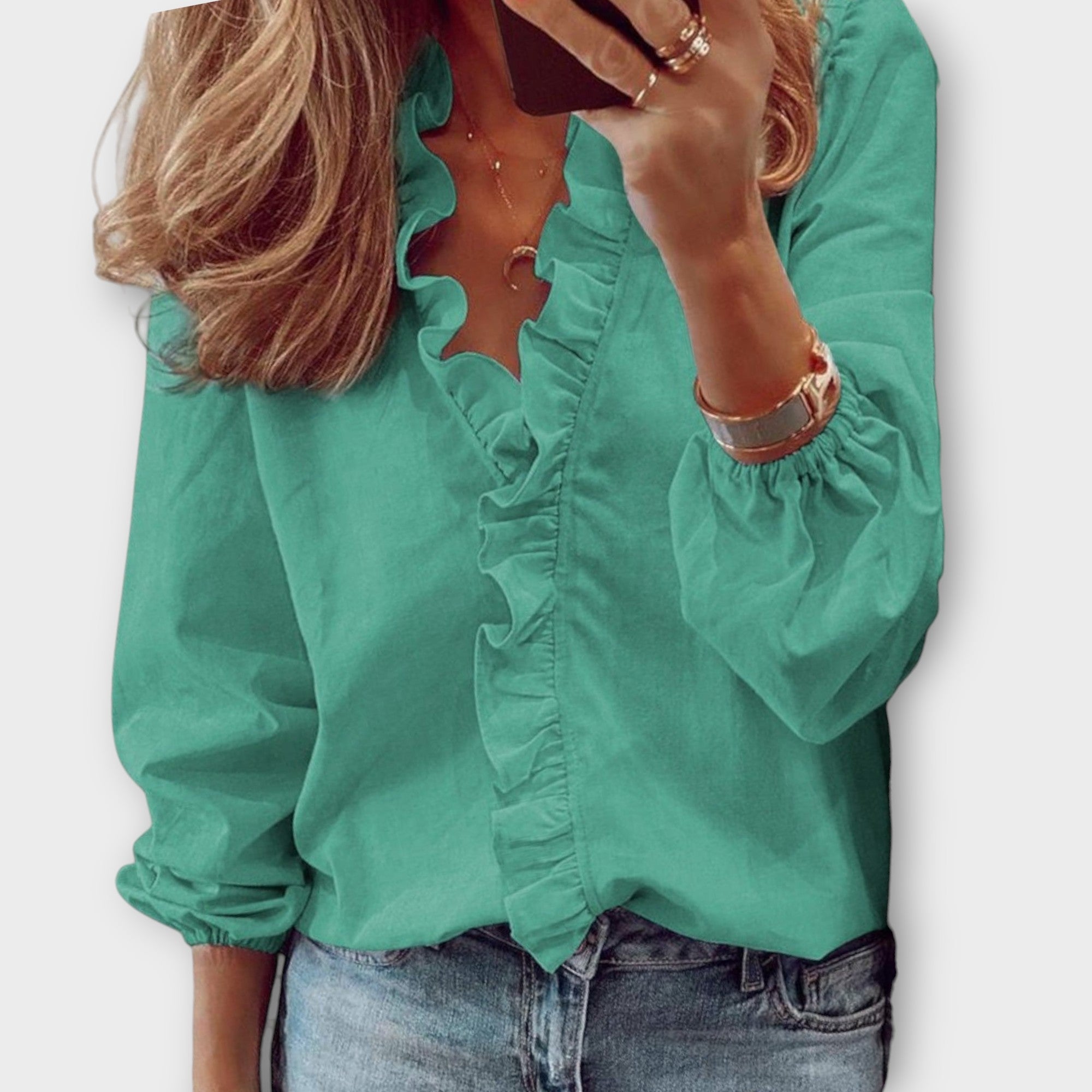 Celeste | Women's Long Sleeve Blouse with Ruffle Front and V-Neck