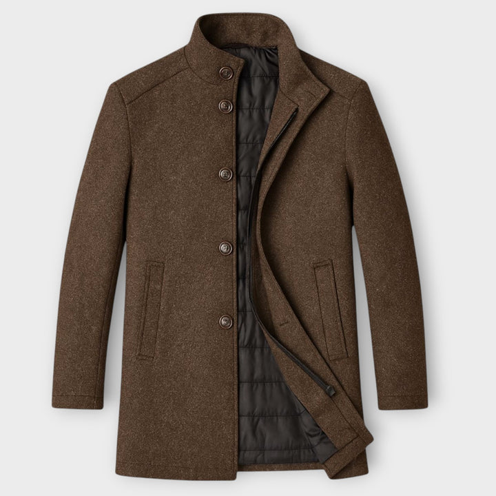 Men’s Classic Long Winter Overcoat with Structured Collar and Pockets