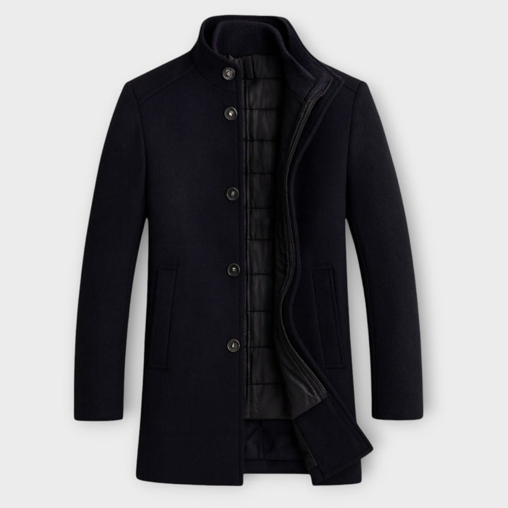 Men’s Classic Long Winter Overcoat with Structured Collar and Pockets