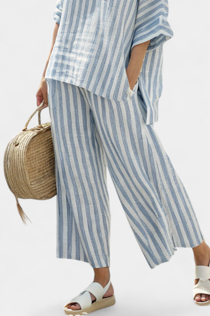 Marina | Women's Striped Casual Top with Wide-Leg Pants Set