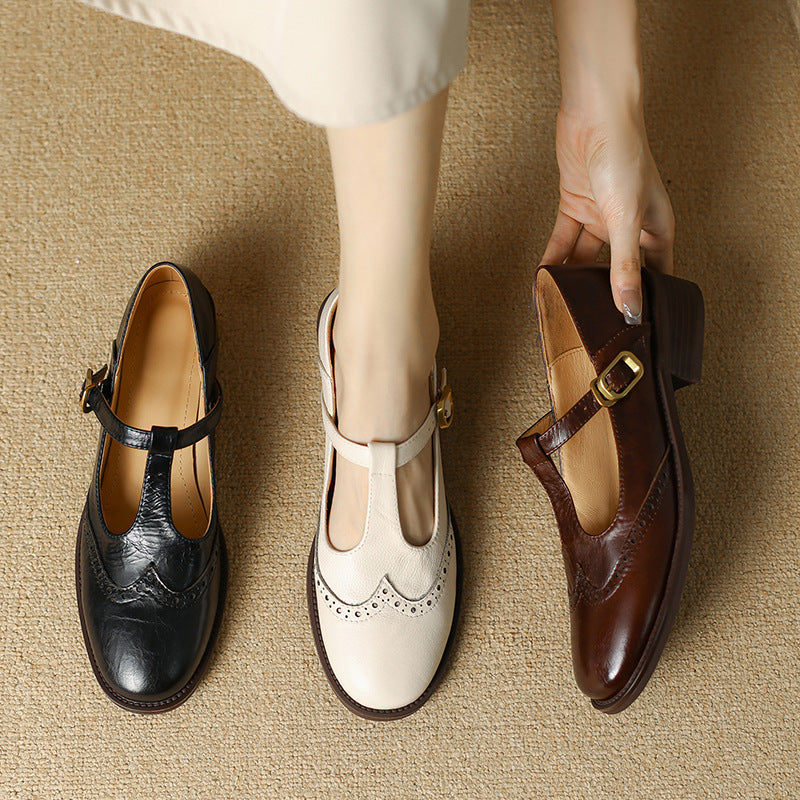 Nadine | Women's Leather T-Strap Mary Jane Shoes with Low Block Heel