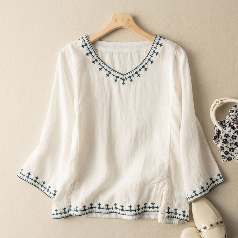 Mary™ | V-Neck Blouse with Pattern Design