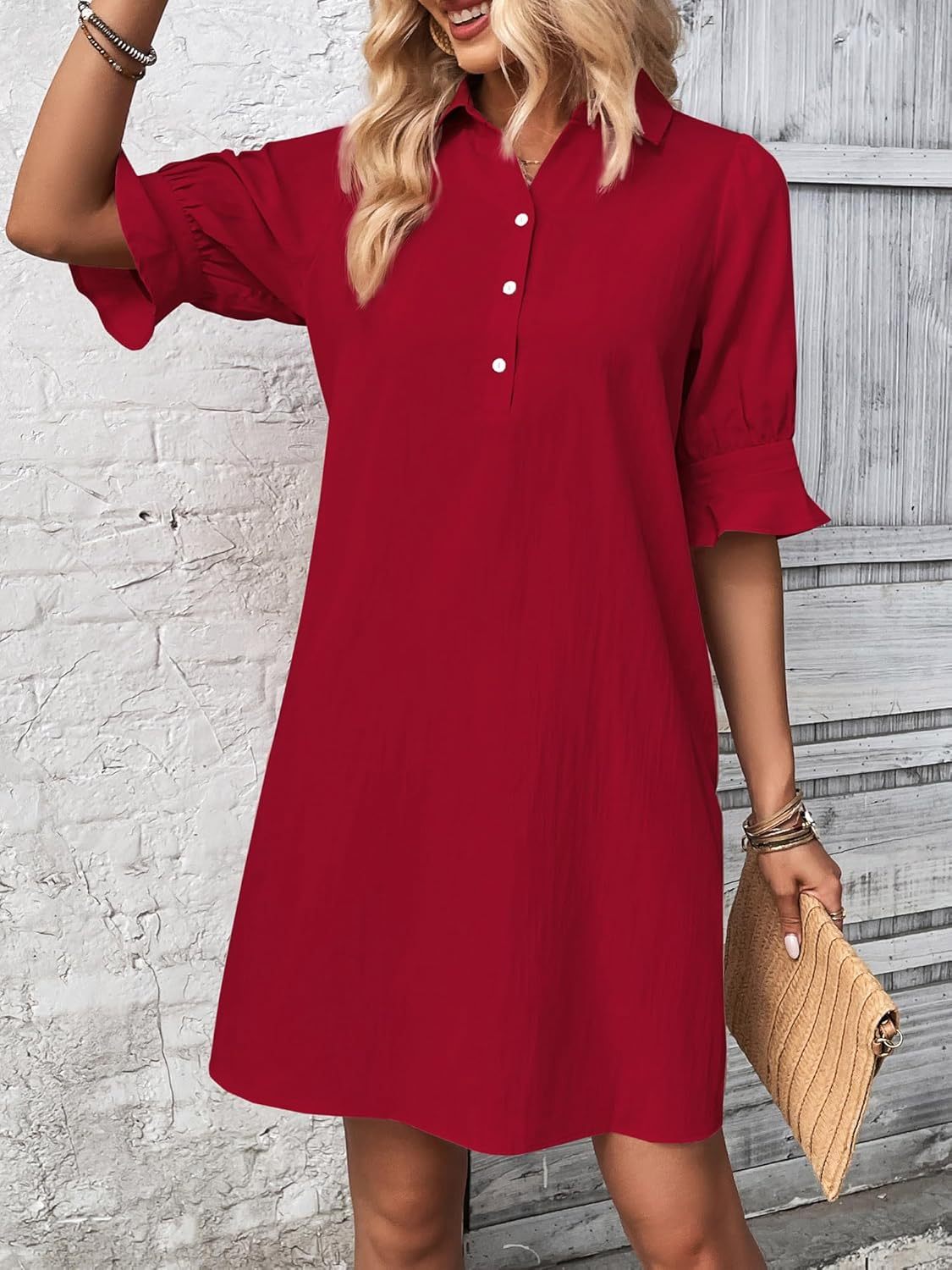 Harper | Women's Knee-Length 3/4 Sleeve Button-Down Shirt Dress