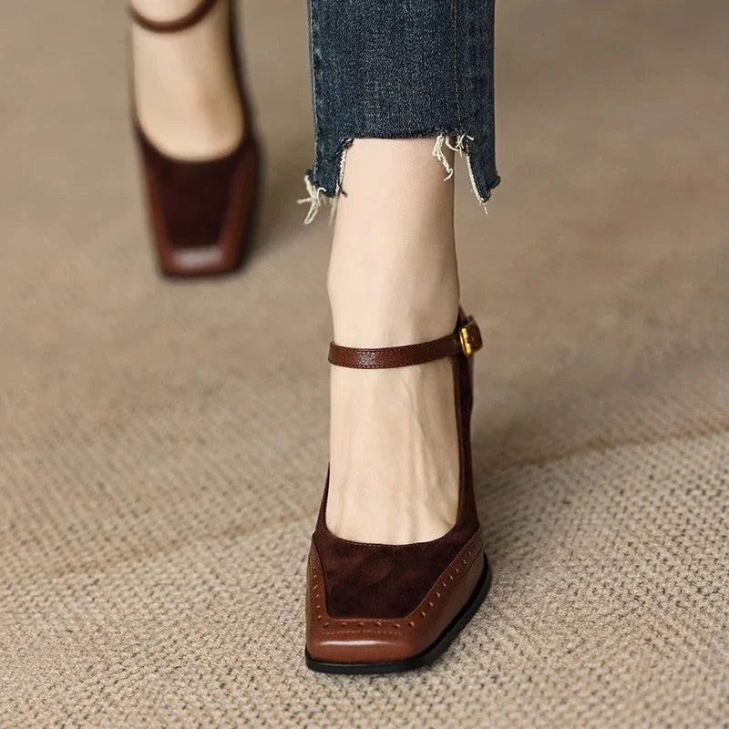 Constance | Women's Ankle Strap Brogue Pumps with Square Toe and Block Heel