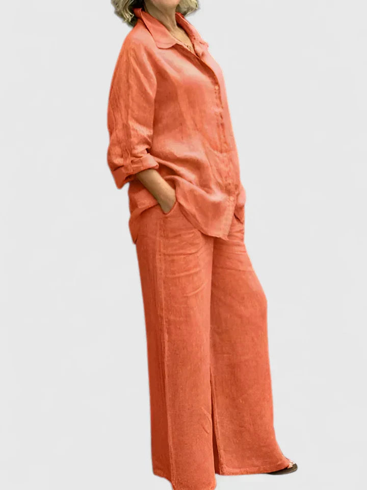 Roslyn | Women's Two-Piece Set: Button-Down Shirt and Wide Leg Pants