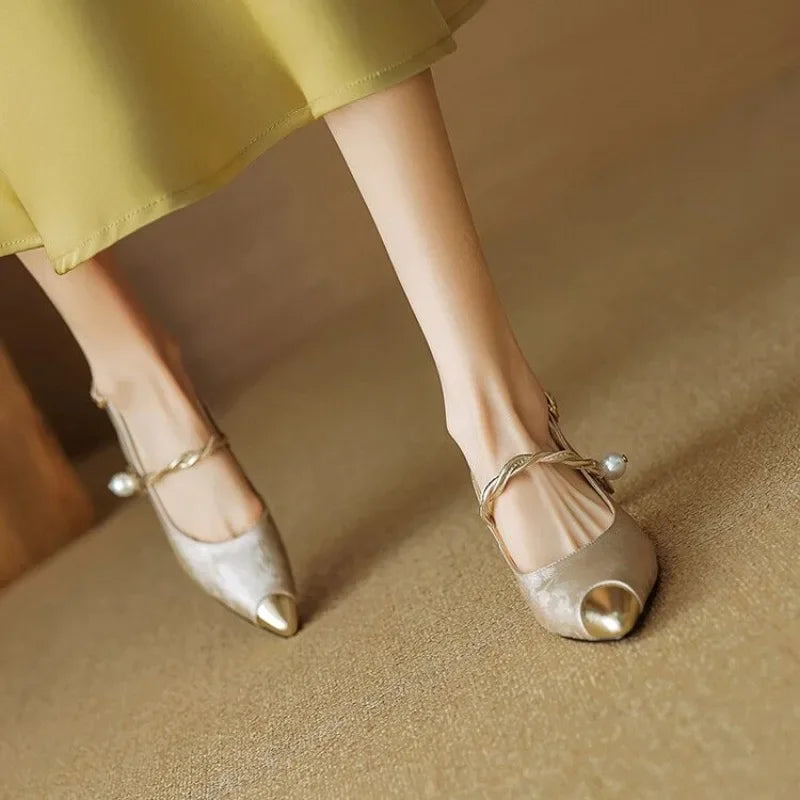 Fleur | Women's Pointed Toe Slingback Kitten Heels with Pearl Strap