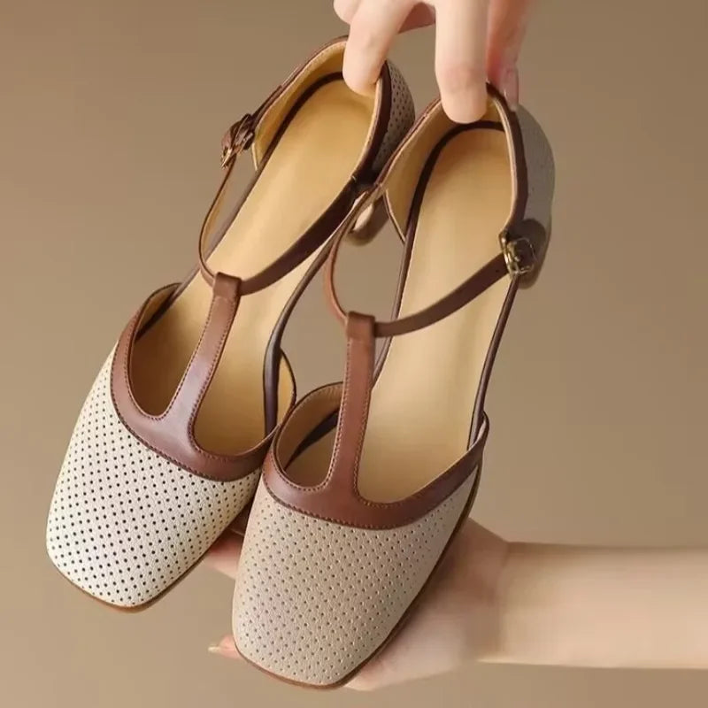 Piper | Women's Mid Heel T-Strap Block Pumps with Square Toe