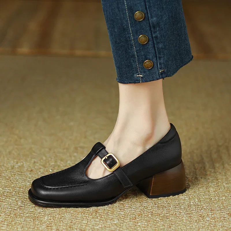 Wren | Women's T-Strap Mary Jane Shoes with Square Toe and Low Block Heel