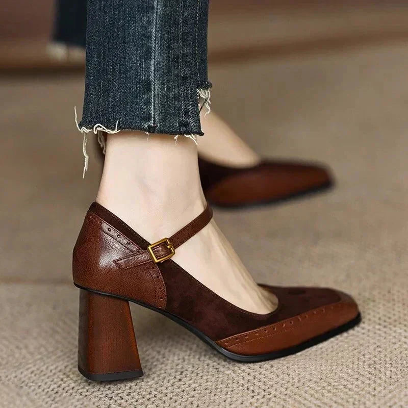 Constance | Women's Ankle Strap Brogue Pumps with Square Toe and Block Heel