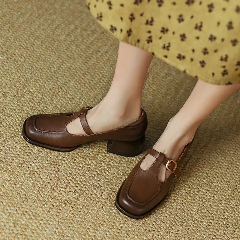 Wren | Women's T-Strap Mary Jane Shoes with Square Toe and Low Block Heel