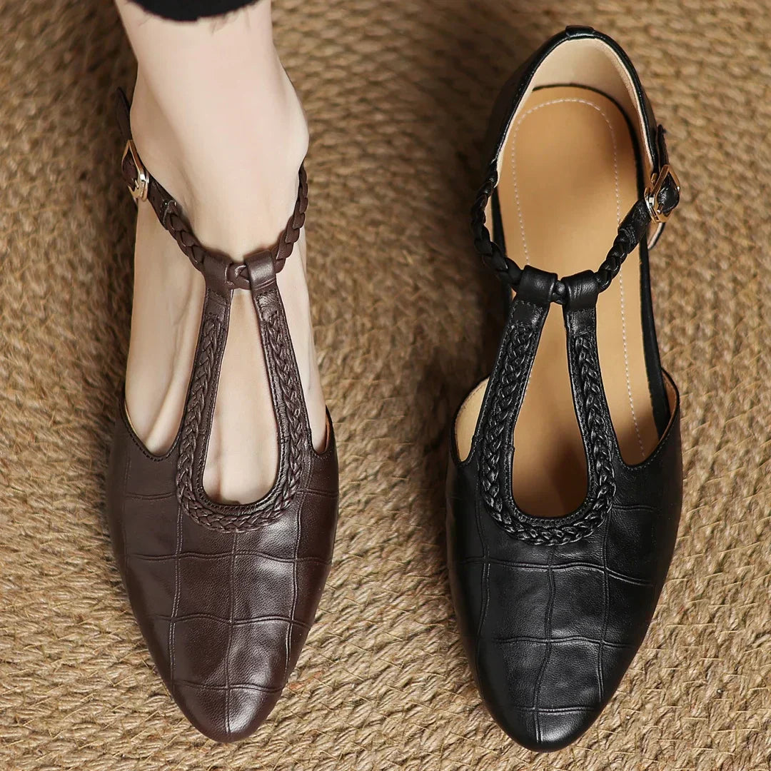Margot | Women's Pointed Toe Leather T-Strap Mary Jane Flats
