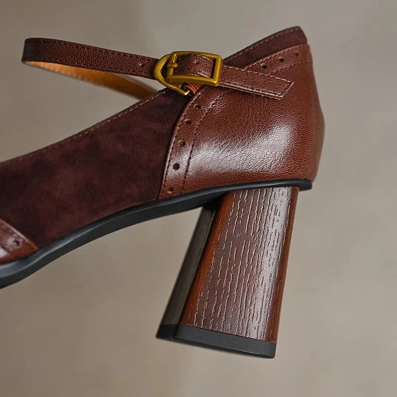 Constance | Women's Ankle Strap Brogue Pumps with Square Toe and Block Heel