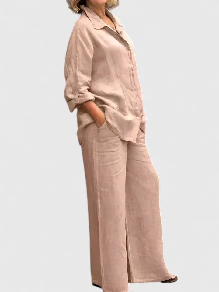 Roslyn | Women's Two-Piece Set: Button-Down Shirt and Wide Leg Pants