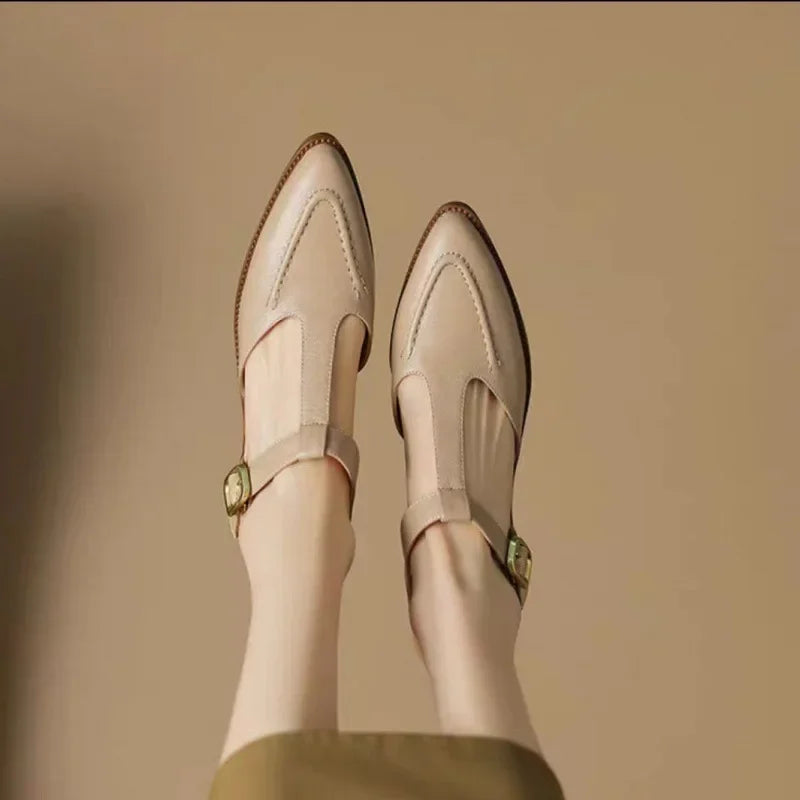 Sloane | Women's Pointed Toe T-Strap Buckle Flats with Low Heel