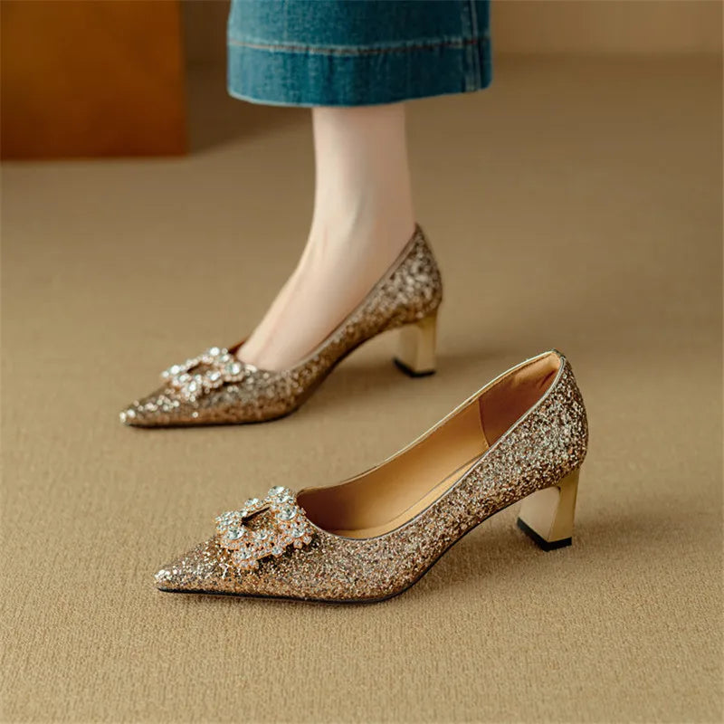 Stella | Women's Pointed Toe Glitter Block Heel Pumps with Crystal Buckle