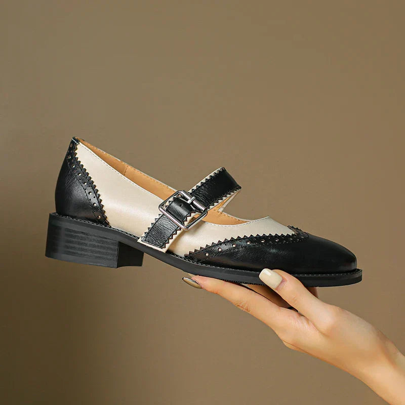 Harlow | Women's Two-Tone Leather Brogue T-Strap Mary Jane Shoes