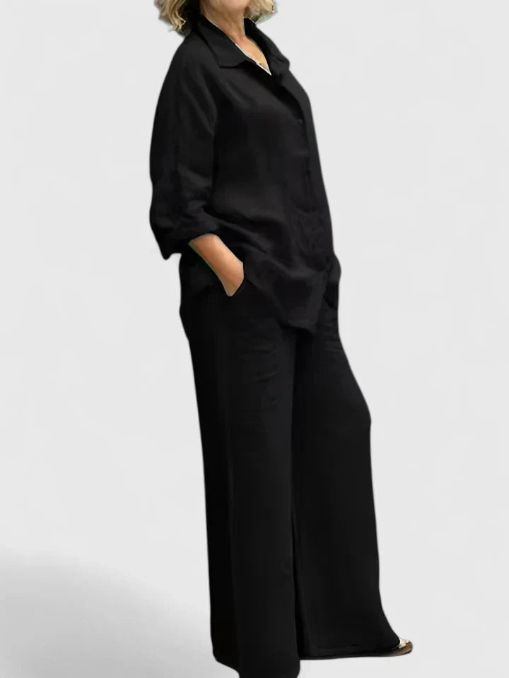Roslyn | Women's Two-Piece Set: Button-Down Shirt and Wide Leg Pants