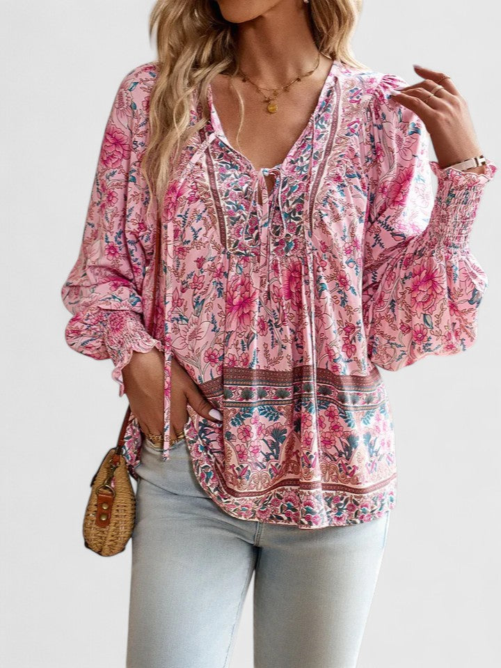 Sienna | Women's Bohemian Floral V-Neck Blouse with Puff Sleeves