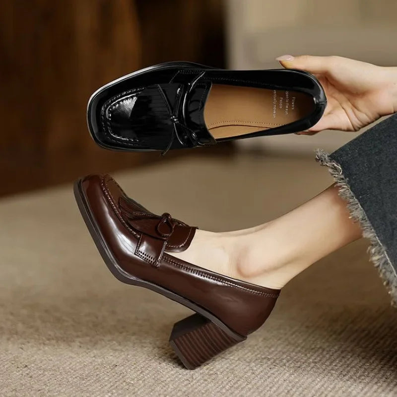 Vivienne | Women's Block Heel Tassel Loafer Pumps with Round Toe