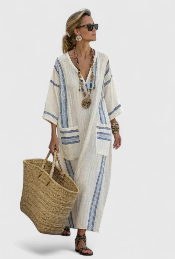 Serena | Women's Striped V-Neck Maxi Kaftan Dress
