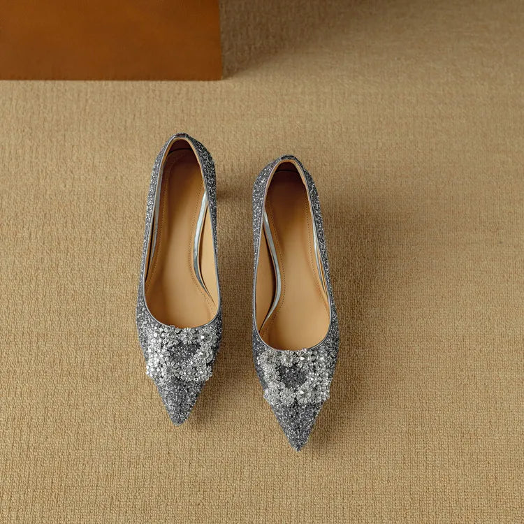 Stella | Women's Pointed Toe Glitter Block Heel Pumps with Crystal Buckle