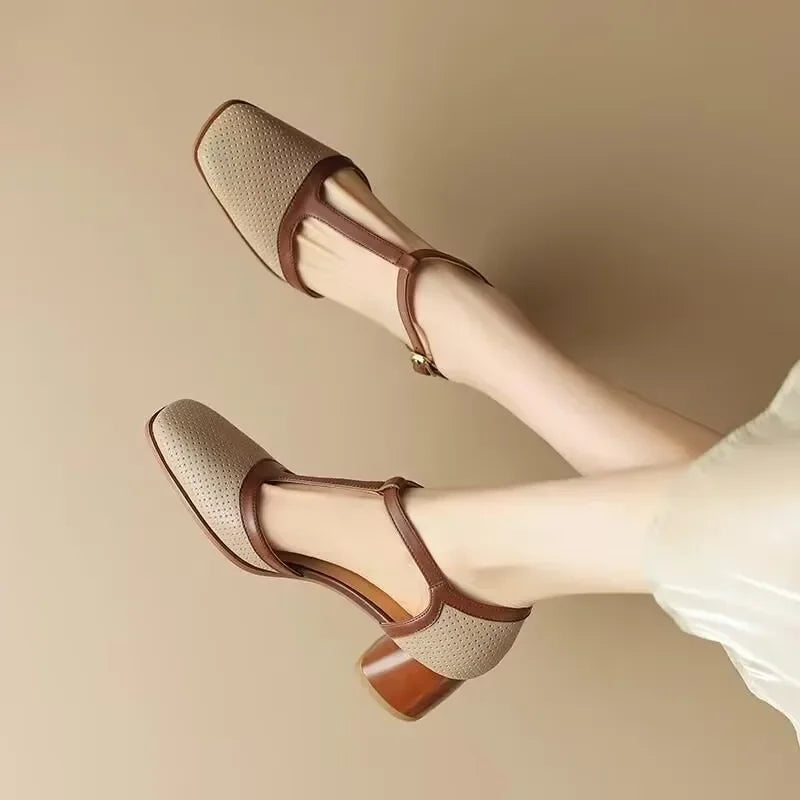 Piper | Women's Mid Heel T-Strap Block Pumps with Square Toe